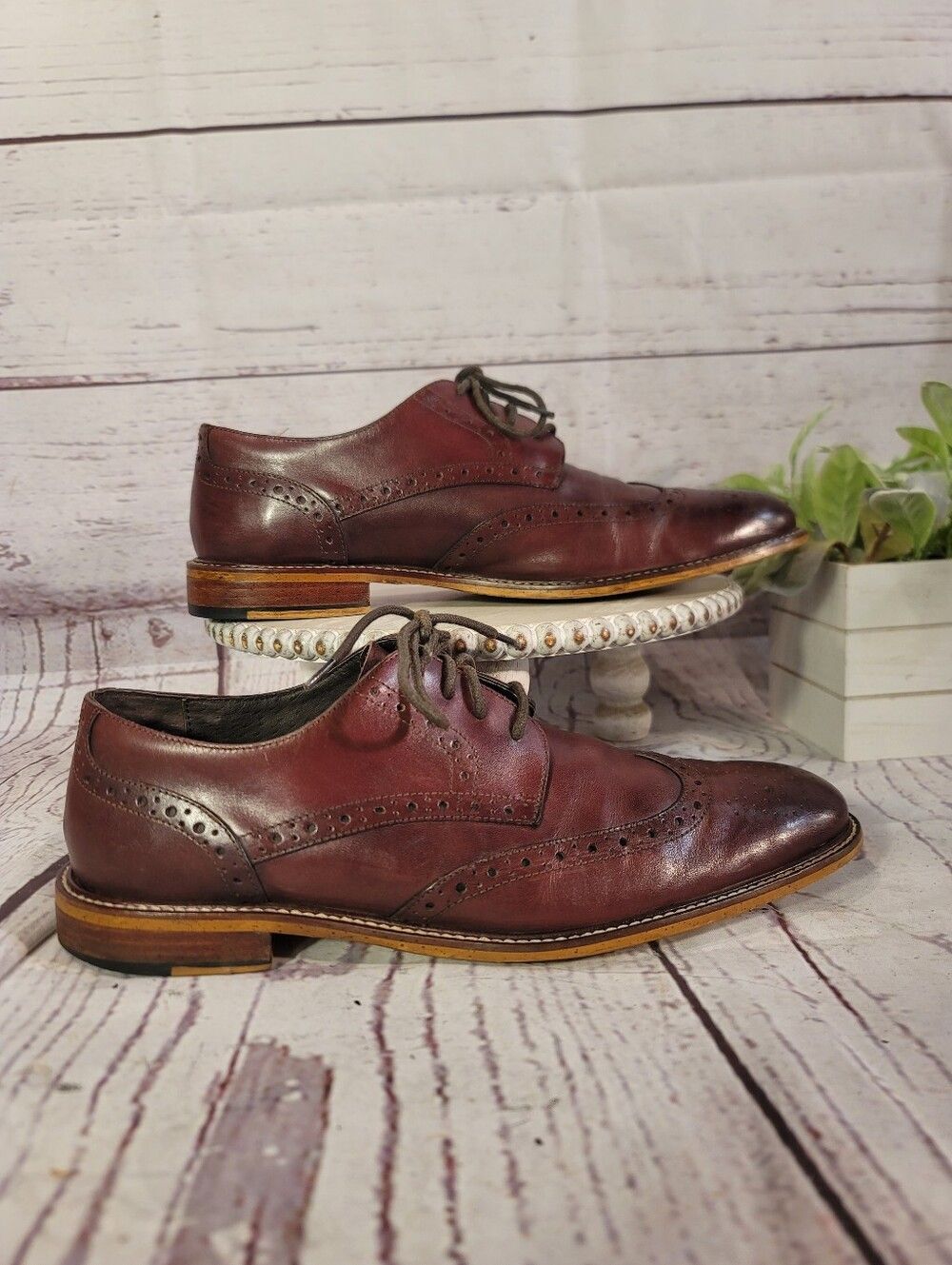 Joseph Abboud Mens Brown Mahogony Leather Wingtip Oxford Shoes Brogue Size 10 - Picture 3 of 11